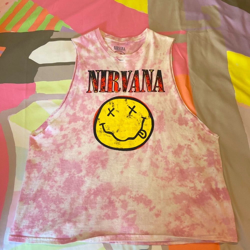 Pink tie dye cutoff tank top nirvana graphic tee